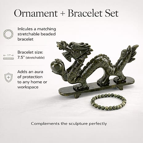 TJC EXCLUSIVE - Extremely Rare Hand Chinese Jade Carved (Serpentine) Dragon Ornament - Symbolising Strength & Perseverance With Bracelet (Size 7.5 Strechable) 6595.00 Ct.
