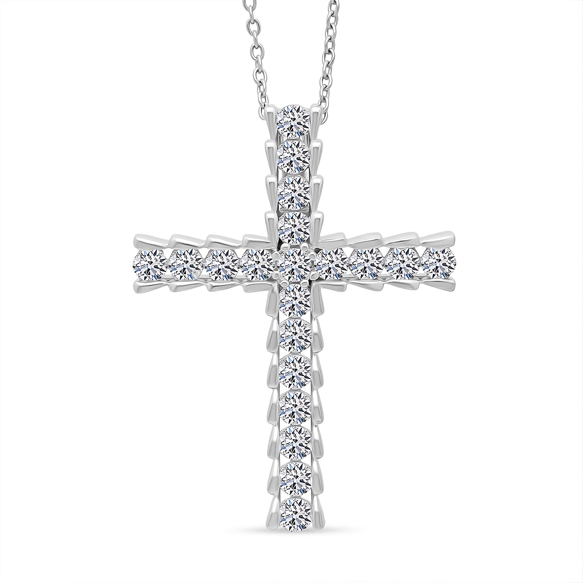 NY Close Out Deal - Luxuriant Lab Grown Diamond (SI-GH) Cross Pendant with Chain (Size 18-20) in Rhodium Overlay Sterling Silver 1.00 Ct.