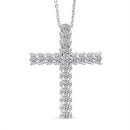 LUXURIANT 1 Ct. Lab Grown Diamond Cross Pendant with Chain in Rhodium Overlay Sterling Silver