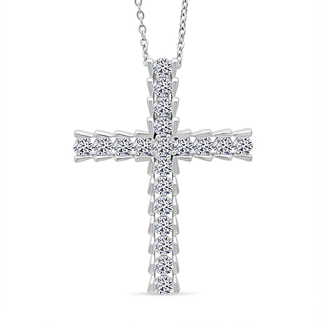NY Close Out Deal - Luxuriant Lab Grown Diamond (SI-GH) Cross Pendant with Chain (Size 18-20) in Rhodium Overlay Sterling Silver 1.00 Ct.