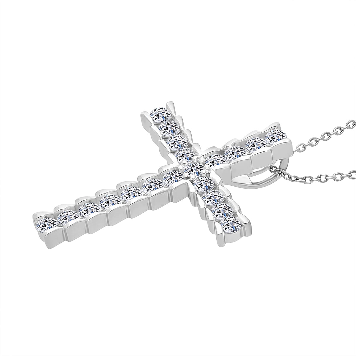 NY Close Out Deal - Luxuriant Lab Grown Diamond (SI-GH) Cross Pendant with Chain (Size 18-20) in Rhodium Overlay Sterling Silver 1.00 Ct.
