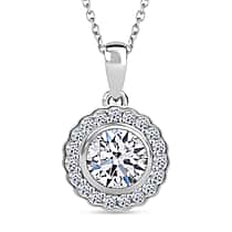 LUXURIANT 1.25 Ct. Lab Grown Diamond Halo Pendant with Chain in Rhodium Overlay Sterling Silver, 20 Inch