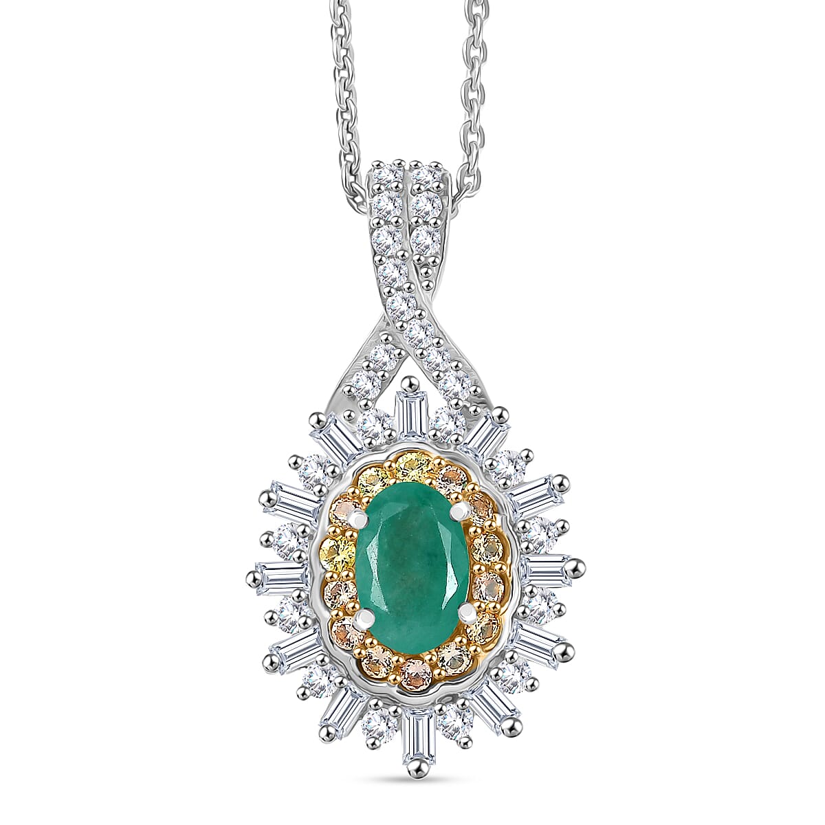 D'Joy Emerald, Yellow Sapphire & Moissanite Pendant with Chain (Size 20) in Rhodium Overlay Sterling Silver