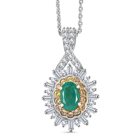 D'Joy Emerald, Yellow Sapphire & Moissanite Pendant with Chain (Size 20) in Rhodium Overlay Sterling Silver