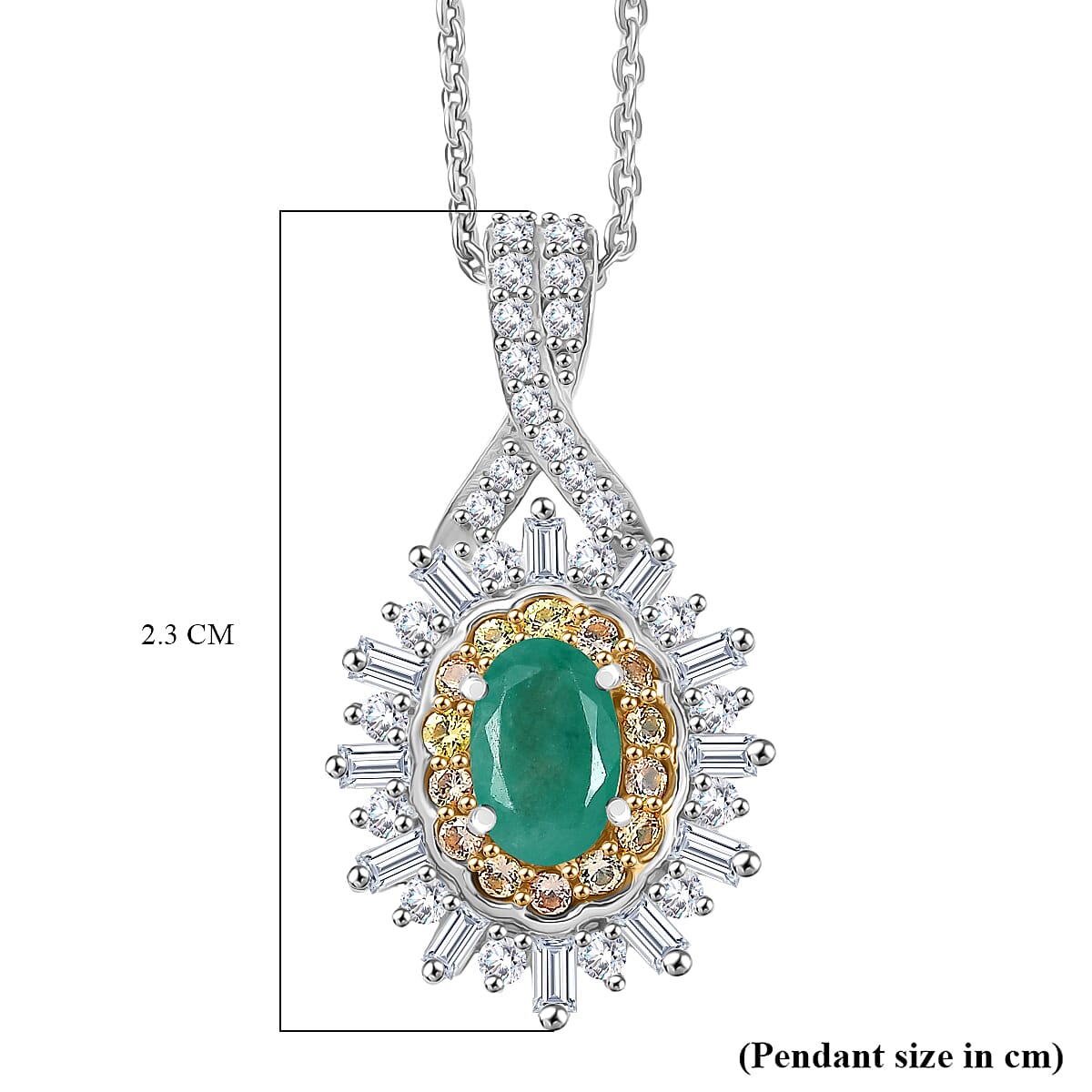 D'Joy Emerald, Yellow Sapphire & Moissanite Pendant with Chain (Size 20) in Rhodium Overlay Sterling Silver