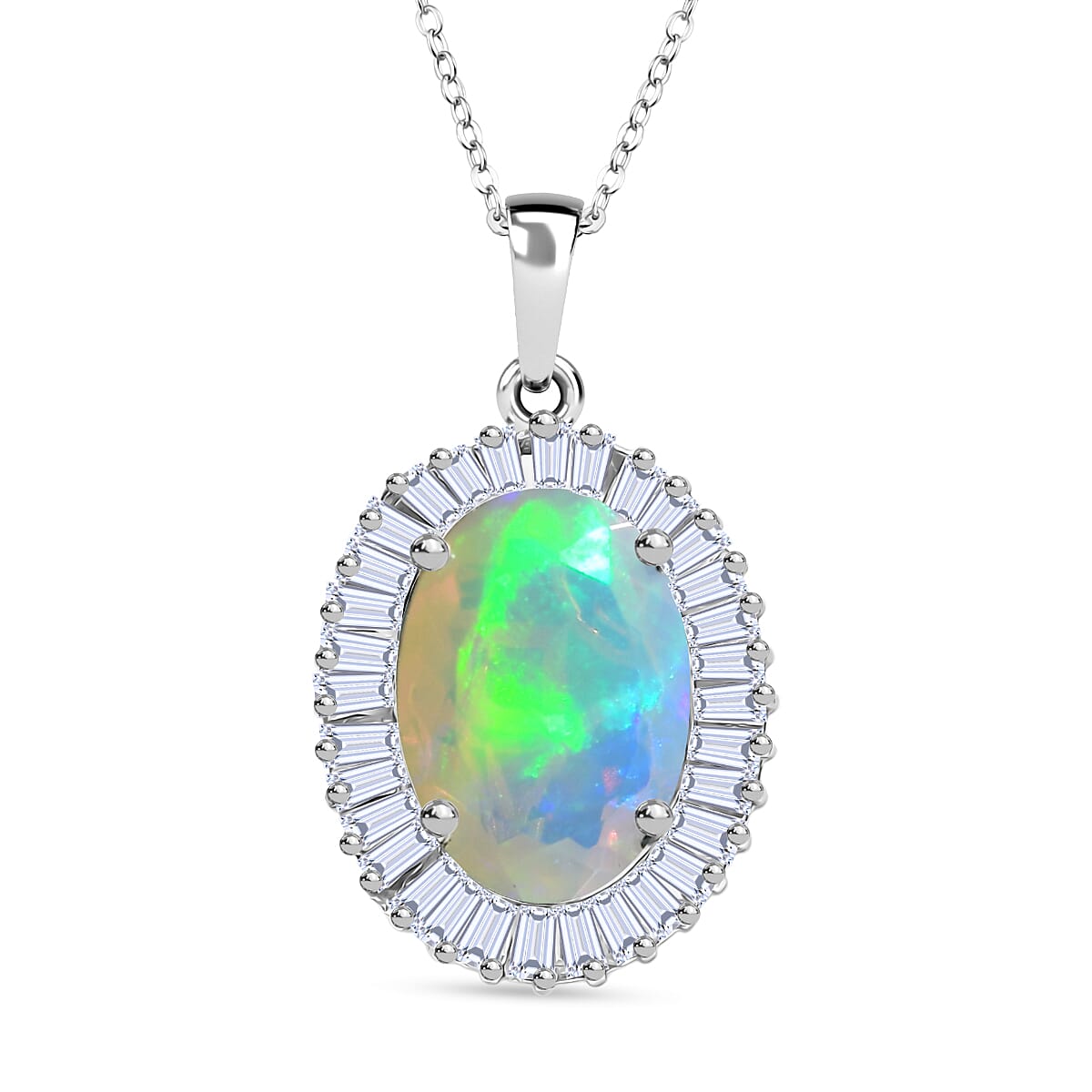 D'Joy Ethiopian Opal & Moissanite Pendant with Chain (Size 20) in Rhodium Overlay Sterling Silver 4.56 Ct, Silver Wt. 5.13 Gms.