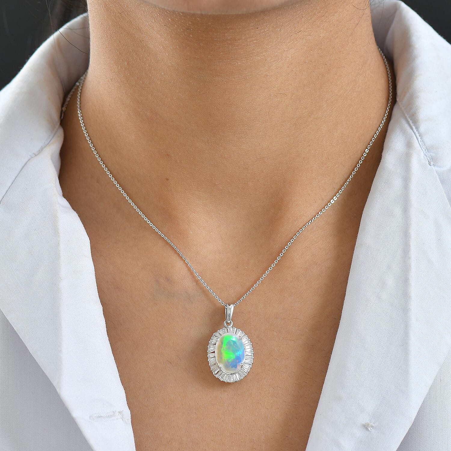 D'Joy Ethiopian Opal & Moissanite Pendant with Chain (Size 20) in Rhodium Overlay Sterling Silver 4.56 Ct, Silver Wt. 5.13 Gms.