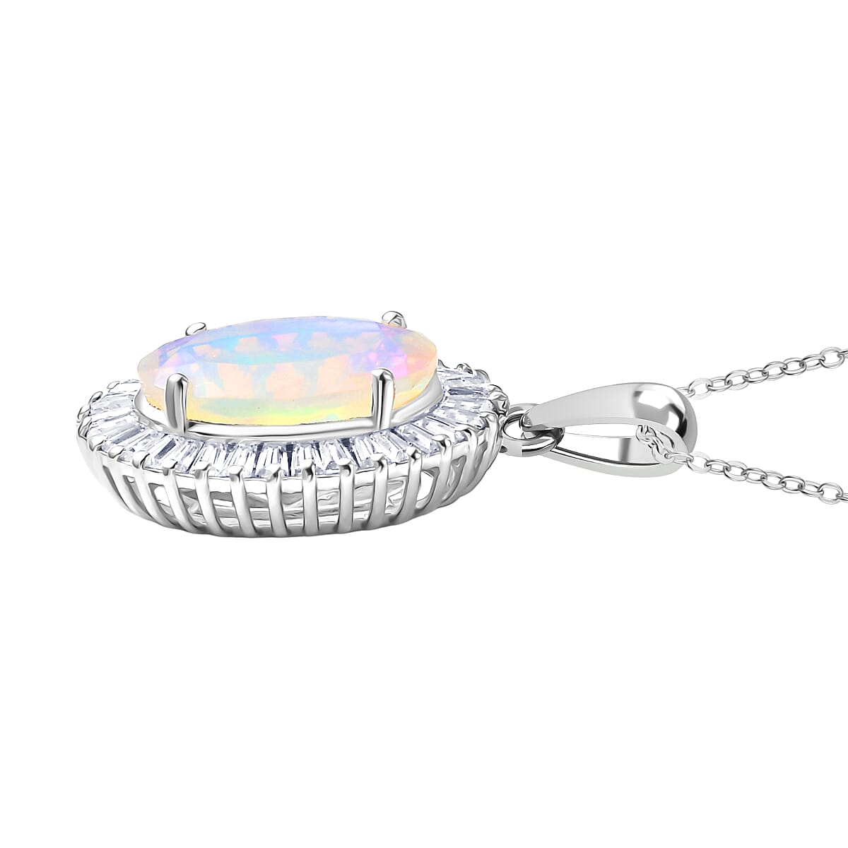 D'Joy Ethiopian Opal & Moissanite Pendant with Chain (Size 20) in Rhodium Overlay Sterling Silver 4.56 Ct, Silver Wt. 5.13 Gms.