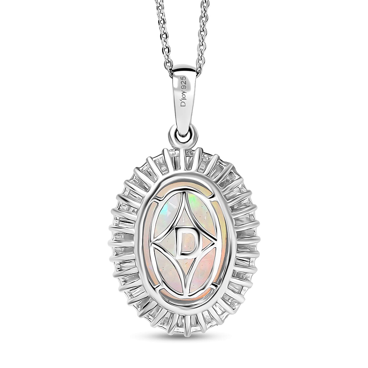 D'Joy Ethiopian Opal & Moissanite Pendant with Chain (Size 20) in Rhodium Overlay Sterling Silver 4.56 Ct, Silver Wt. 5.13 Gms.
