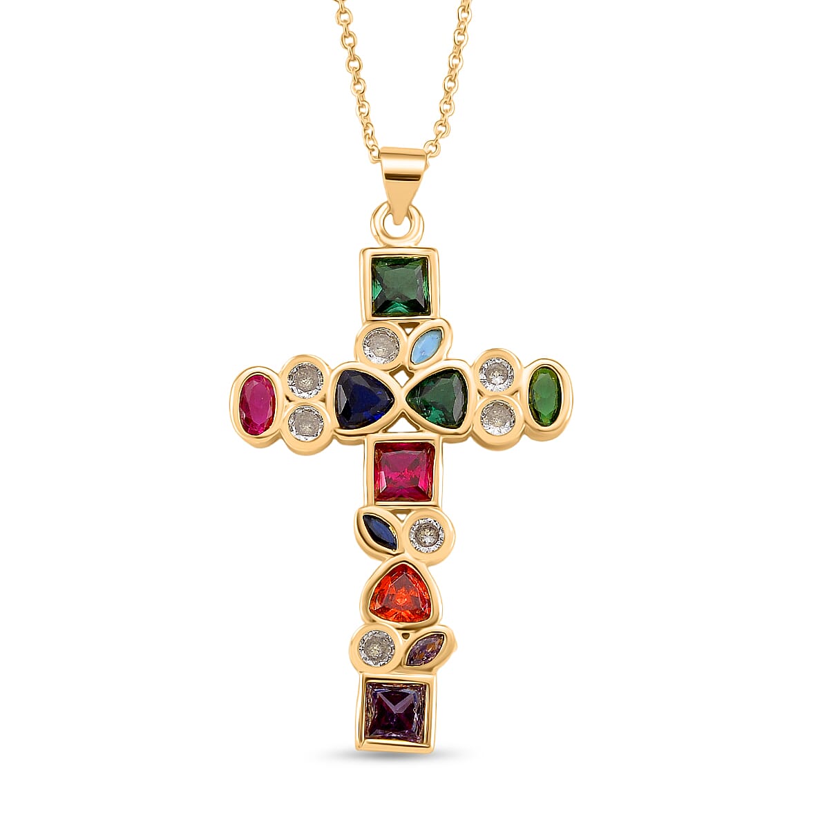 Multi Color Cubic Zirconia Cross Pendant with Chain (Size 17 - 1.5 Ext) in Yellow Gold Plated