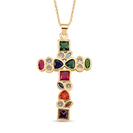 Multi Color Cubic Zirconia Cross Pendant with Chain (Size 17 - 1.5 Ext) in Yellow Gold Plated