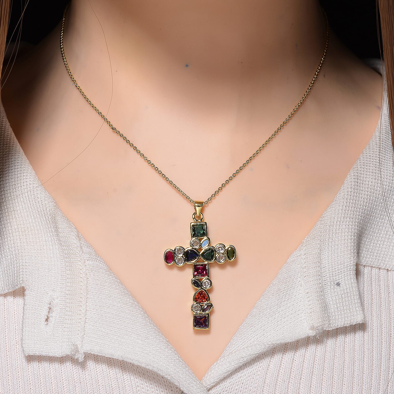 Multi Color Cubic Zirconia Cross Pendant with Chain (Size 17 - 1.5 Ext) in Yellow Gold Plated