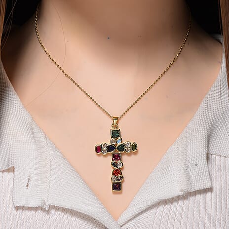 Multi Color Cubic Zirconia Cross Pendant with Chain (Size 17 - 1.5 Ext) in Yellow Gold Plated