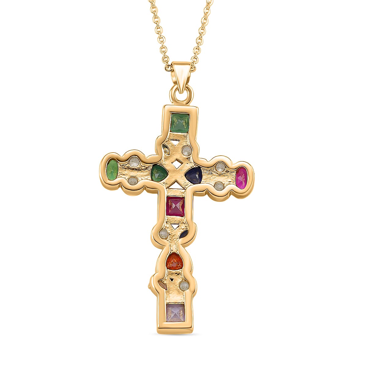 Multi Color Cubic Zirconia Cross Pendant with Chain (Size 17 - 1.5 Ext) in Yellow Gold Plated