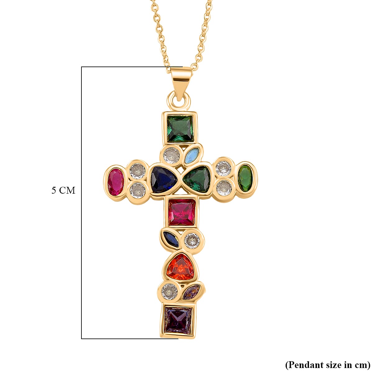 Multi Color Cubic Zirconia Cross Pendant with Chain (Size 17 - 1.5 Ext) in Yellow Gold Plated