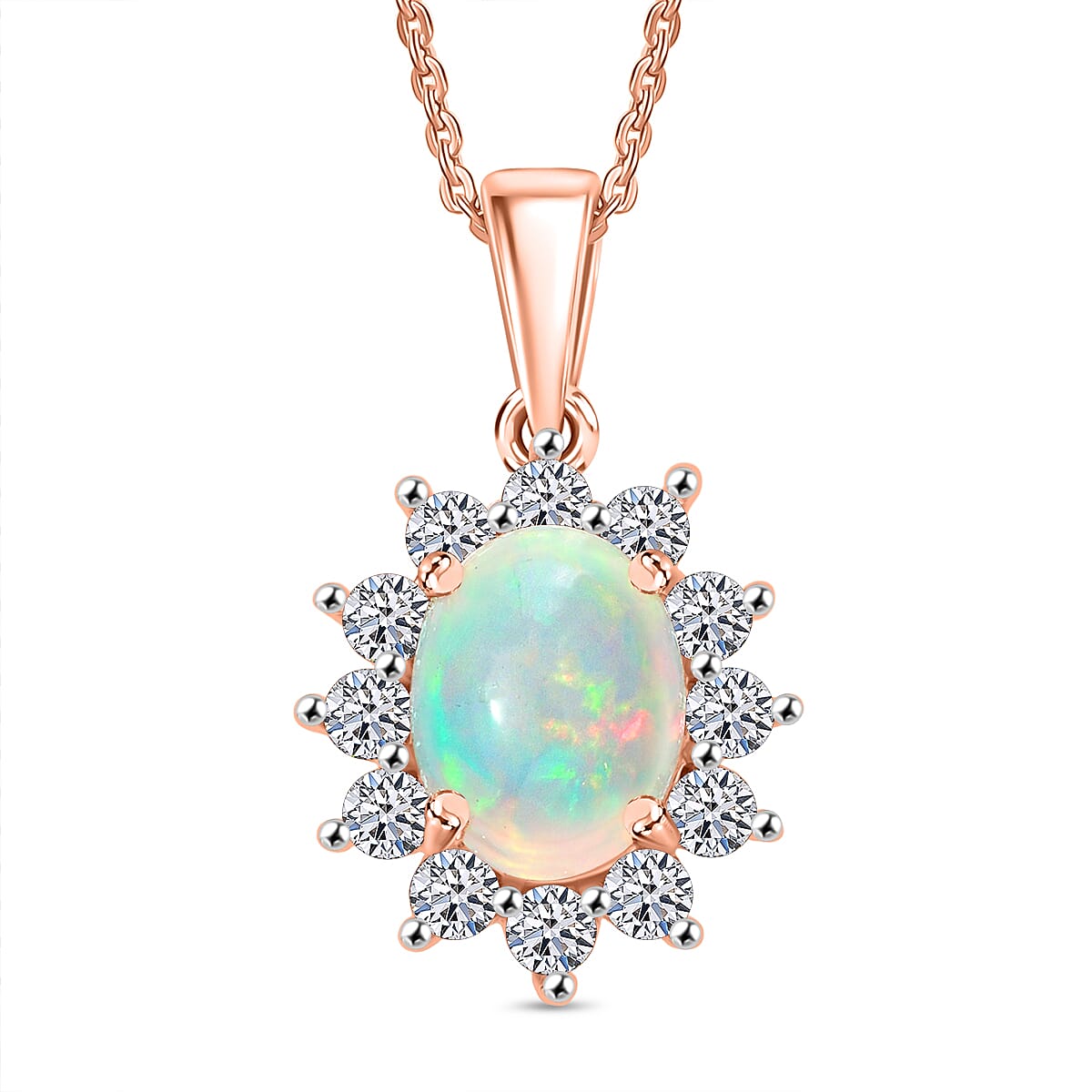 Luxuriant Ethiopian Opal & Lab Grown Diamond (SI-GH) Pendant with Chain (Size 20) in 18K Vermeil Rose Gold Plated Sterling Silver 1.73 Ct.