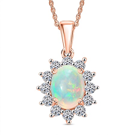 Luxuriant Ethiopian Opal & Lab Grown Diamond (SI-GH) Pendant with Chain (Size 20) in 18K Vermeil Rose Gold Plated Sterling Silver 1.73 Ct.