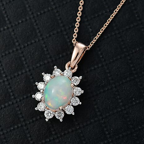 Luxuriant Ethiopian Opal & Lab Grown Diamond (SI-GH) Pendant with Chain (Size 20) in 18K Vermeil Rose Gold Plated Sterling Silver 1.73 Ct.