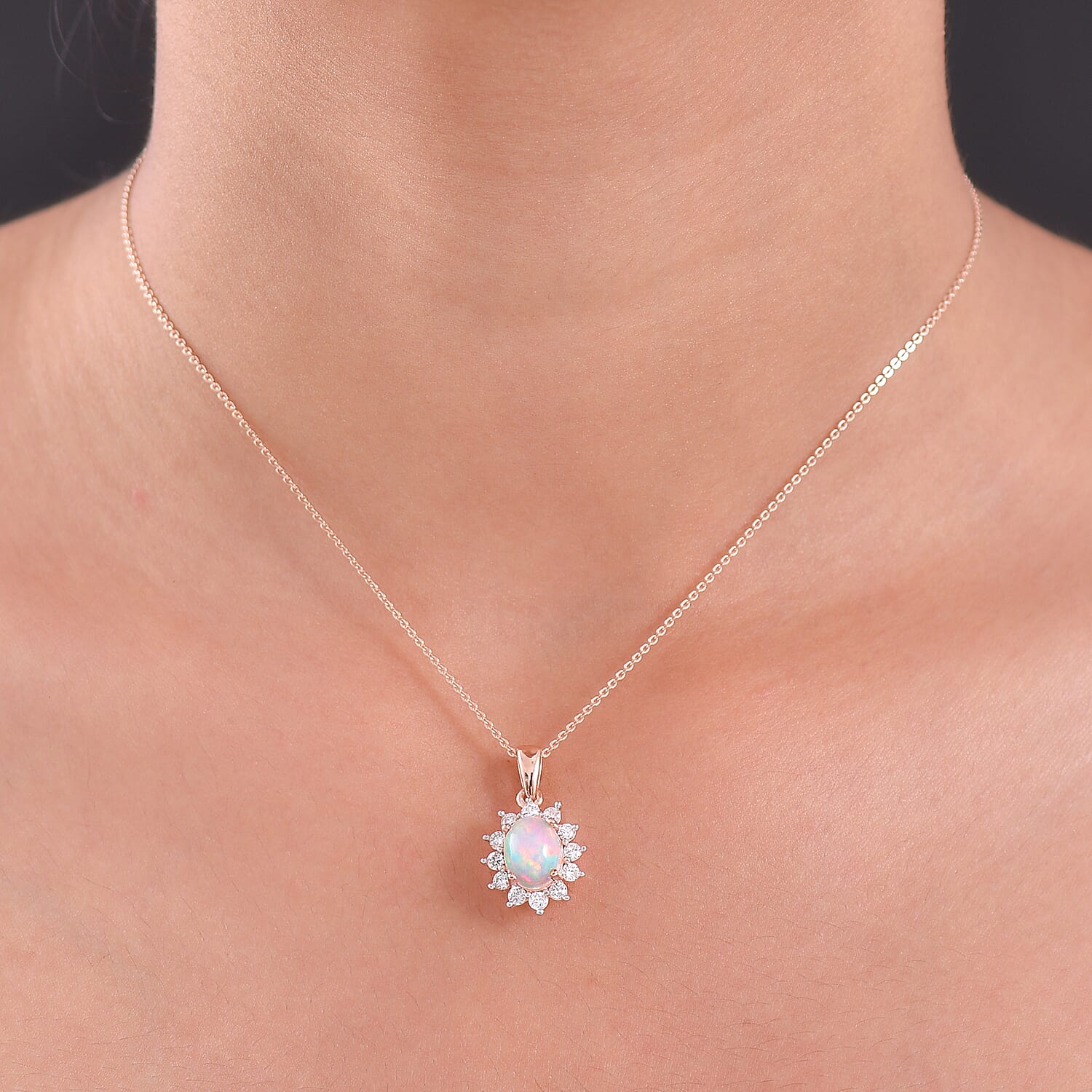 Luxuriant Ethiopian Opal & Lab Grown Diamond (SI-GH) Pendant with Chain (Size 20) in 18K Vermeil Rose Gold Plated Sterling Silver 1.73 Ct.