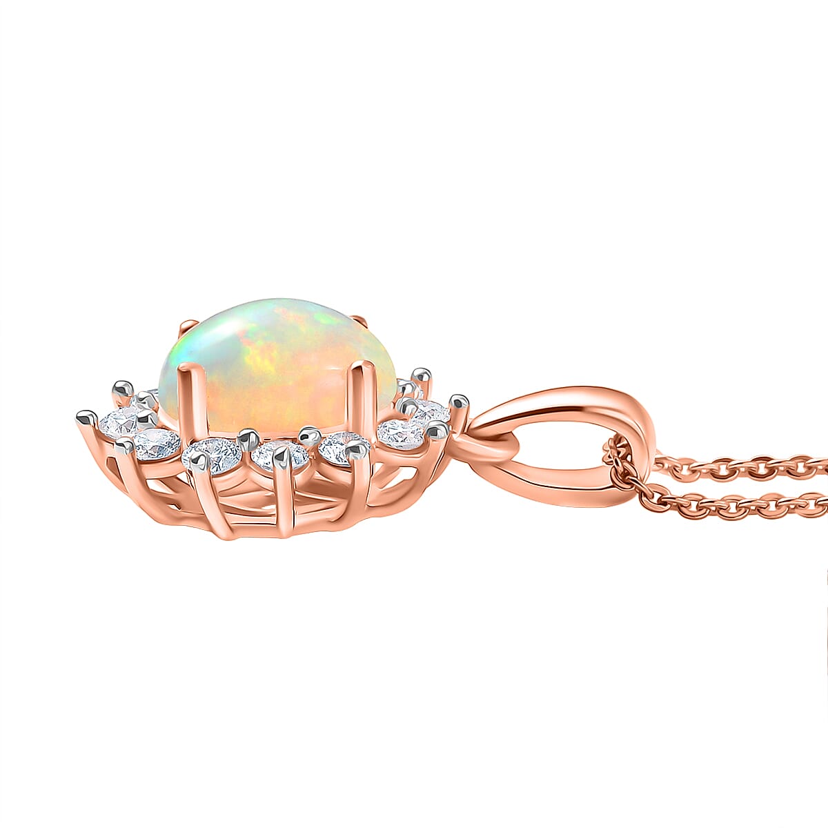 Luxuriant Ethiopian Opal & Lab Grown Diamond (SI-GH) Pendant with Chain (Size 20) in 18K Vermeil Rose Gold Plated Sterling Silver 1.73 Ct.