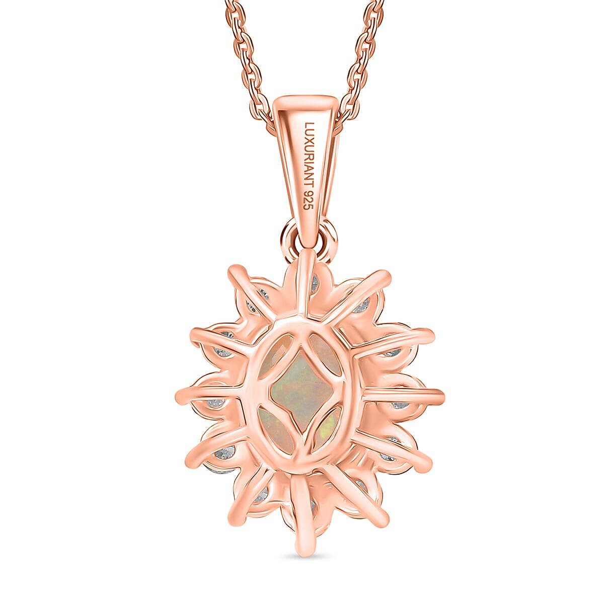 Luxuriant Ethiopian Opal & Lab Grown Diamond (SI-GH) Pendant with Chain (Size 20) in 18K Vermeil Rose Gold Plated Sterling Silver 1.73 Ct.