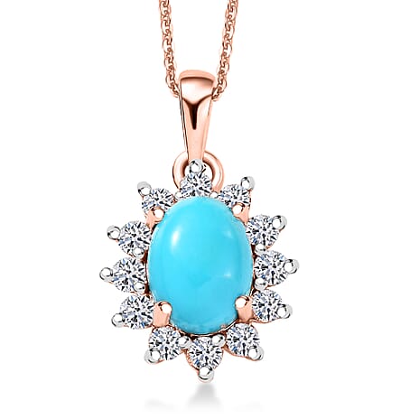 Luxuriant Sleeping Beauty Turquoise & Lab Grown Diamond (SI-GH) Pendant with Chain (Size 20) in 18K Vermeil Rose Gold Plated Sterling Silver 2.39 Ct.
