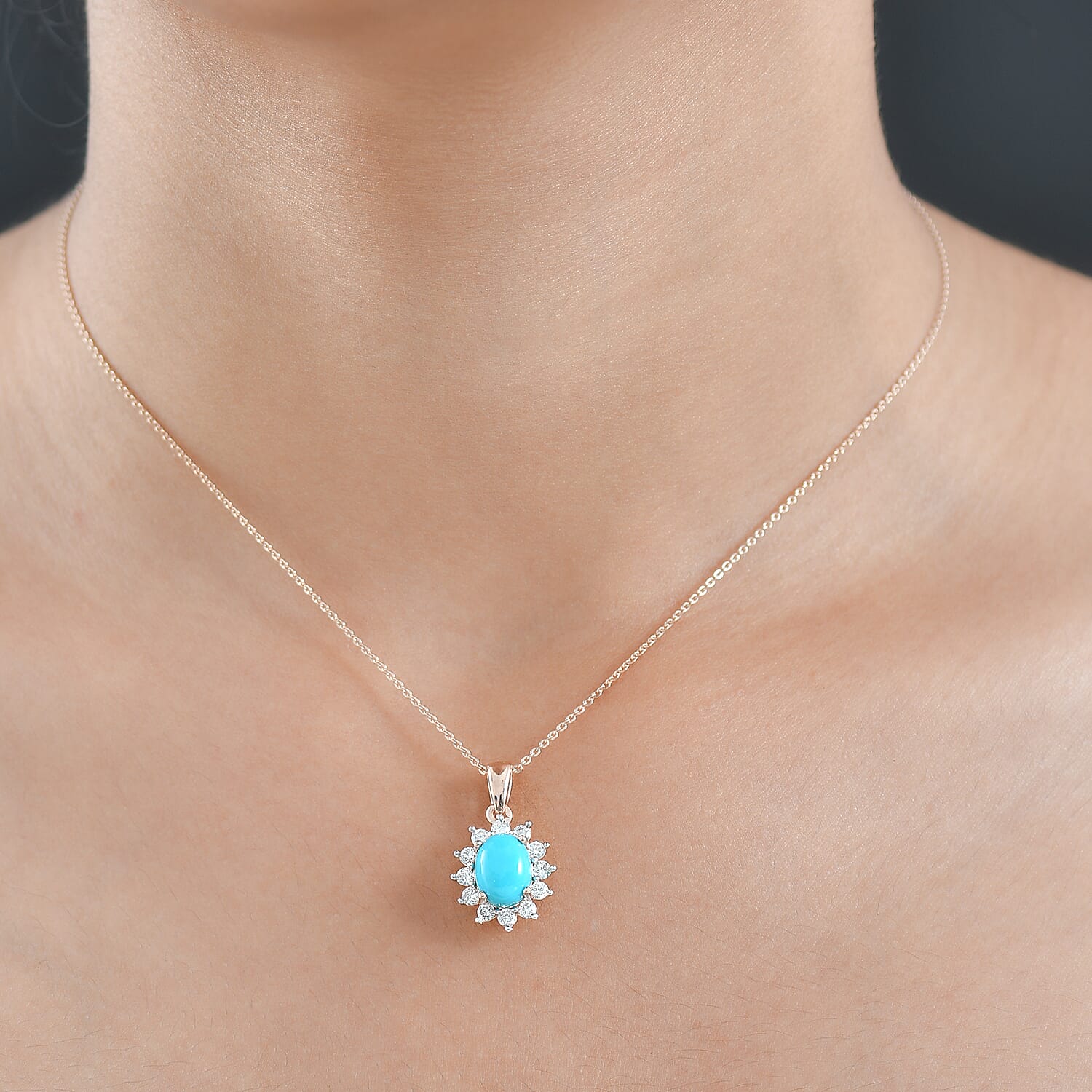 Luxuriant Sleeping Beauty Turquoise & Lab Grown Diamond (SI-GH) Pendant with Chain (Size 20) in 18K Vermeil Rose Gold Plated Sterling Silver 2.39 Ct.