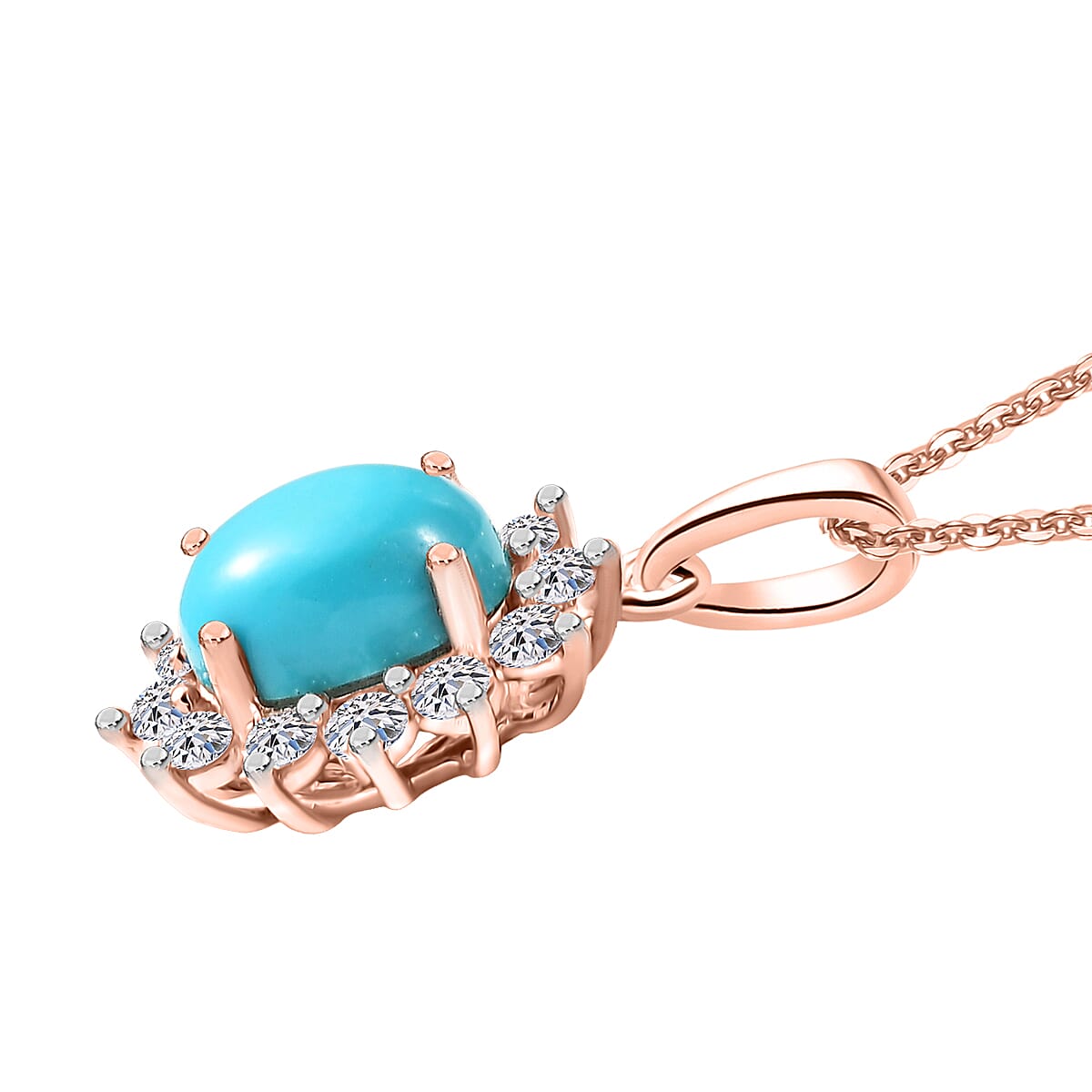 Luxuriant Sleeping Beauty Turquoise & Lab Grown Diamond (SI-GH) Pendant with Chain (Size 20) in 18K Vermeil Rose Gold Plated Sterling Silver 2.39 Ct.