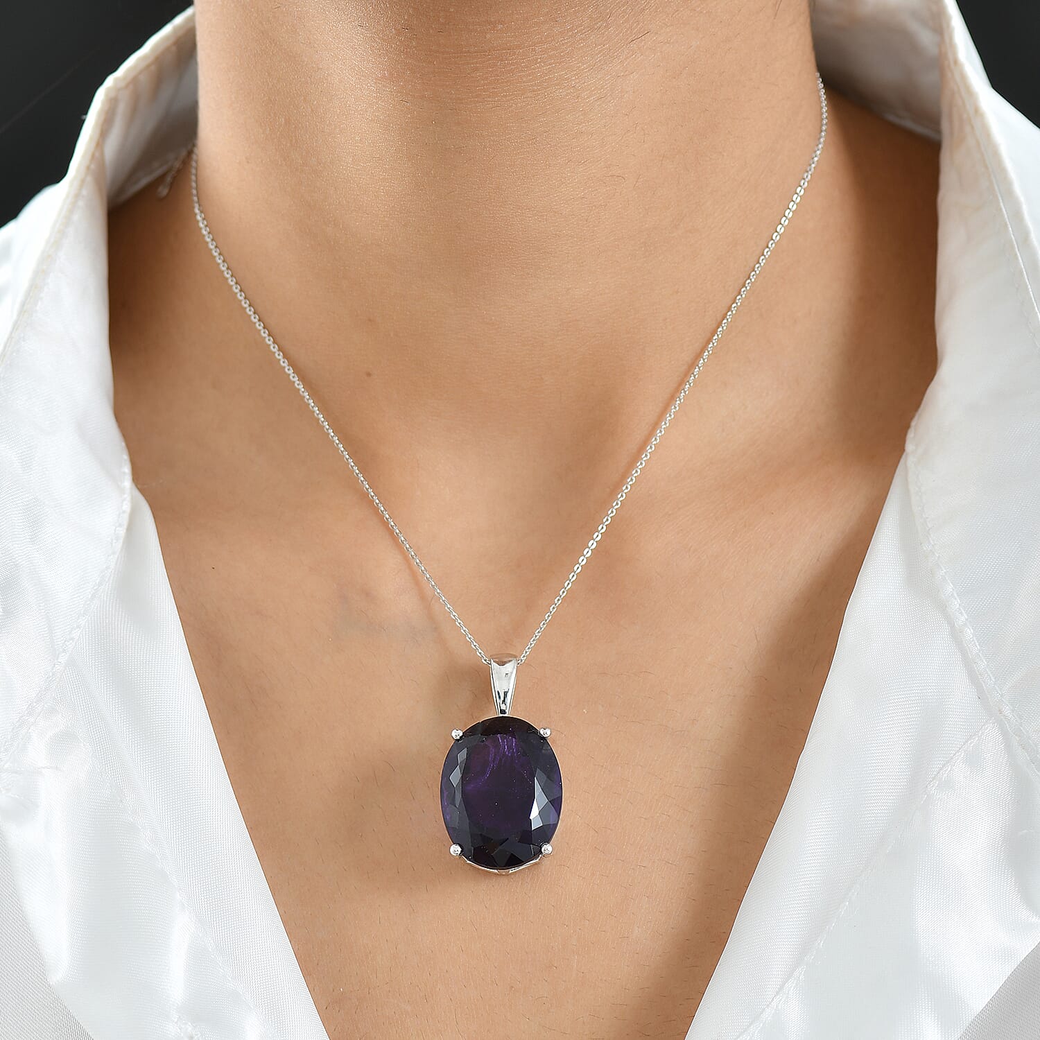 D'Joy African Amethyst Pendant with Chain (Size 20) in Rhodium Overlay Sterling Silver 40.69 Ct, Silver Wt. 5.32 Gms.