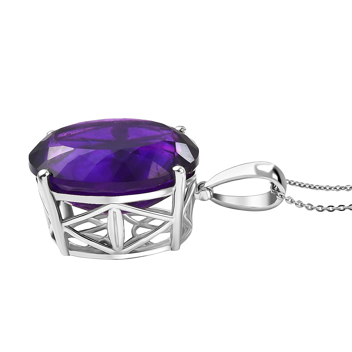 D'Joy African Amethyst Pendant with Chain (Size 20) in Rhodium Overlay Sterling Silver 40.69 Ct, Silver Wt. 5.32 Gms.
