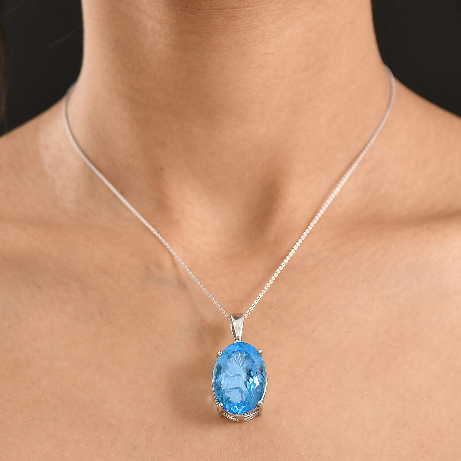 D'Joy Skyblue Topaz Pendant with Chain (Size 20) in Rhodium Overlay Sterling Silver 44.05 Ct.
