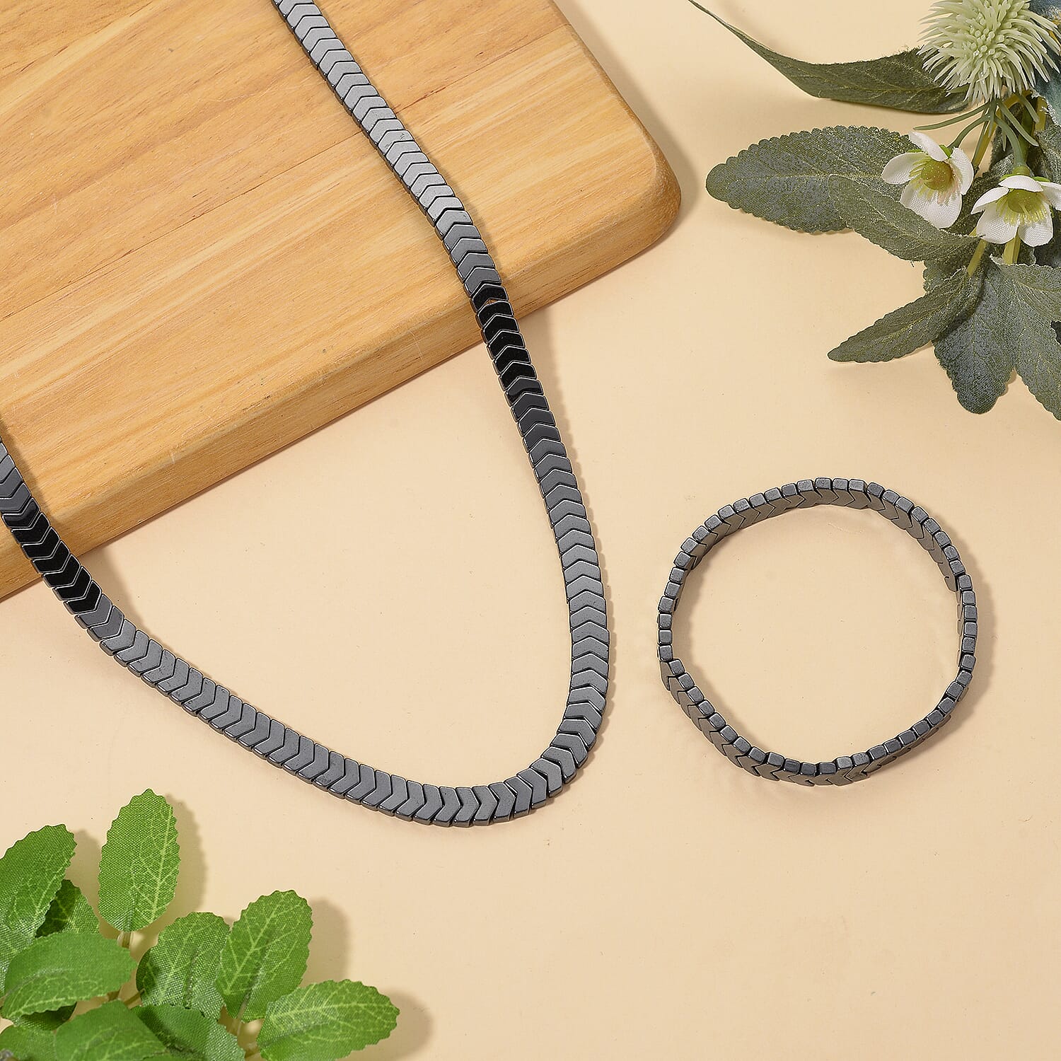 2 Piece Set -  Hematite Stone Bracelet and Fancy Necklace 303.50ct  303.500  Ct.