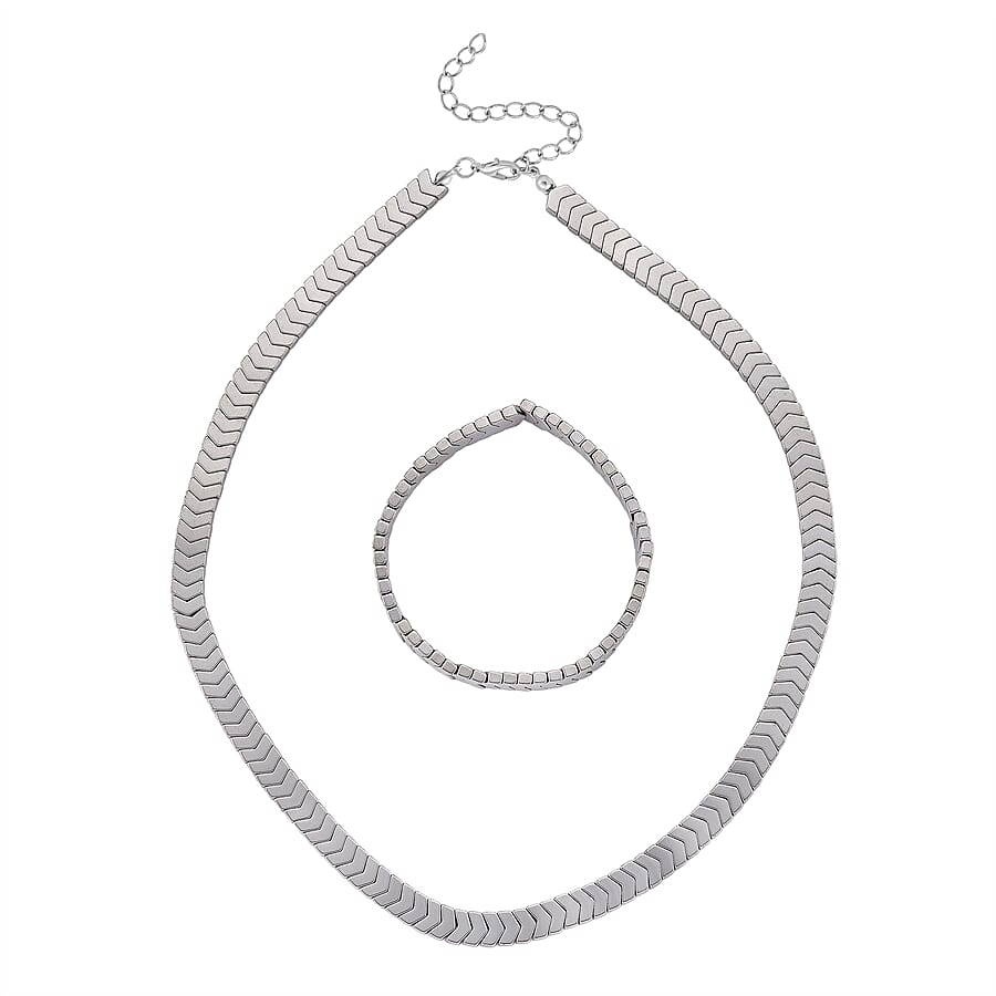 2 Piece Set - Silver Plated Hematite Strechable Bracelet (Size - 7.5) and Necklace (Size 19.25 - 2 Ext) 303.50 Ct.