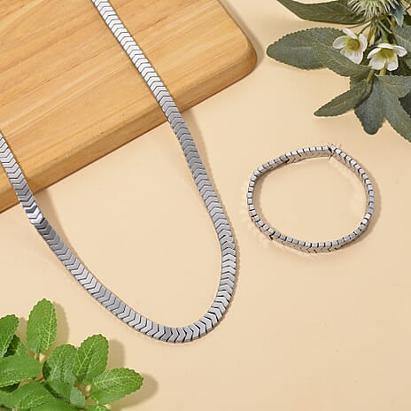 2 Piece Set -  Silver Plated Hematite Stone Bracelet and Fancy Necklace 303.50ct  303.500  Ct.