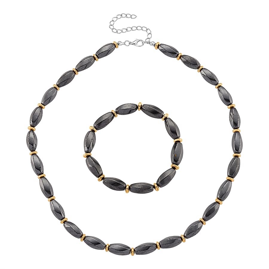 2 Piece Set - Hematite Necklace (Size - 19-2 Ext) and Strechable Bracelet (Size - 7.5) in Two Tone 494.00 Ct.