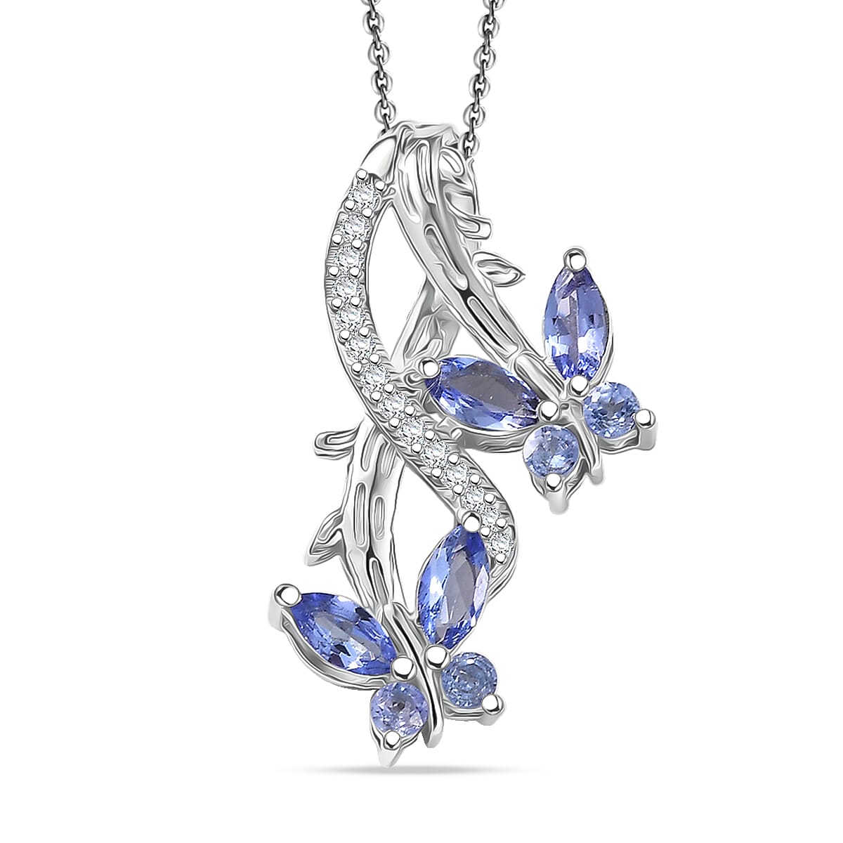 GP - Italian Garden Collection - Tanzanite, White Zircon & Blue Sapphire Pendant with Chain (Size 20) in Rhodium Overlay Sterling Silver 1.01 Ct.
