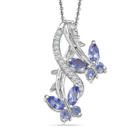 GP - Italian Garden Collection - Tanzanite, White Zircon & Blue Sapphire Pendant with Chain (Size 20) in Rhodium Overlay Sterling Silver 1.01 Ct.
