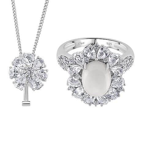D'Joy White Jade & White Topaz Pendent with Chain (Size 18) & Ring in Rhodium Overlay Sterling Silver 6.81 Ct, Silver Wt. 8.56 Gms.