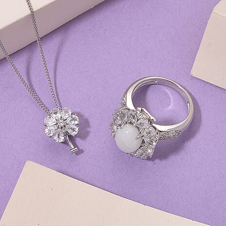 D'Joy White Jade & White Topaz Pendent with Chain (Size 18) & Ring in Rhodium Overlay Sterling Silver 6.81 Ct, Silver Wt. 8.56 Gms.