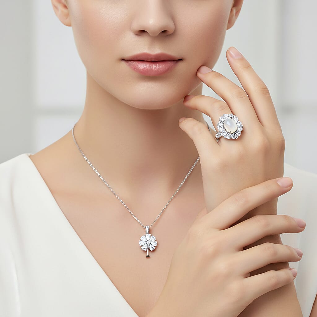 D'Joy White Jade & White Topaz Pendent with Chain (Size 18) & Ring in Rhodium Overlay Sterling Silver 6.81 Ct, Silver Wt. 8.56 Gms.