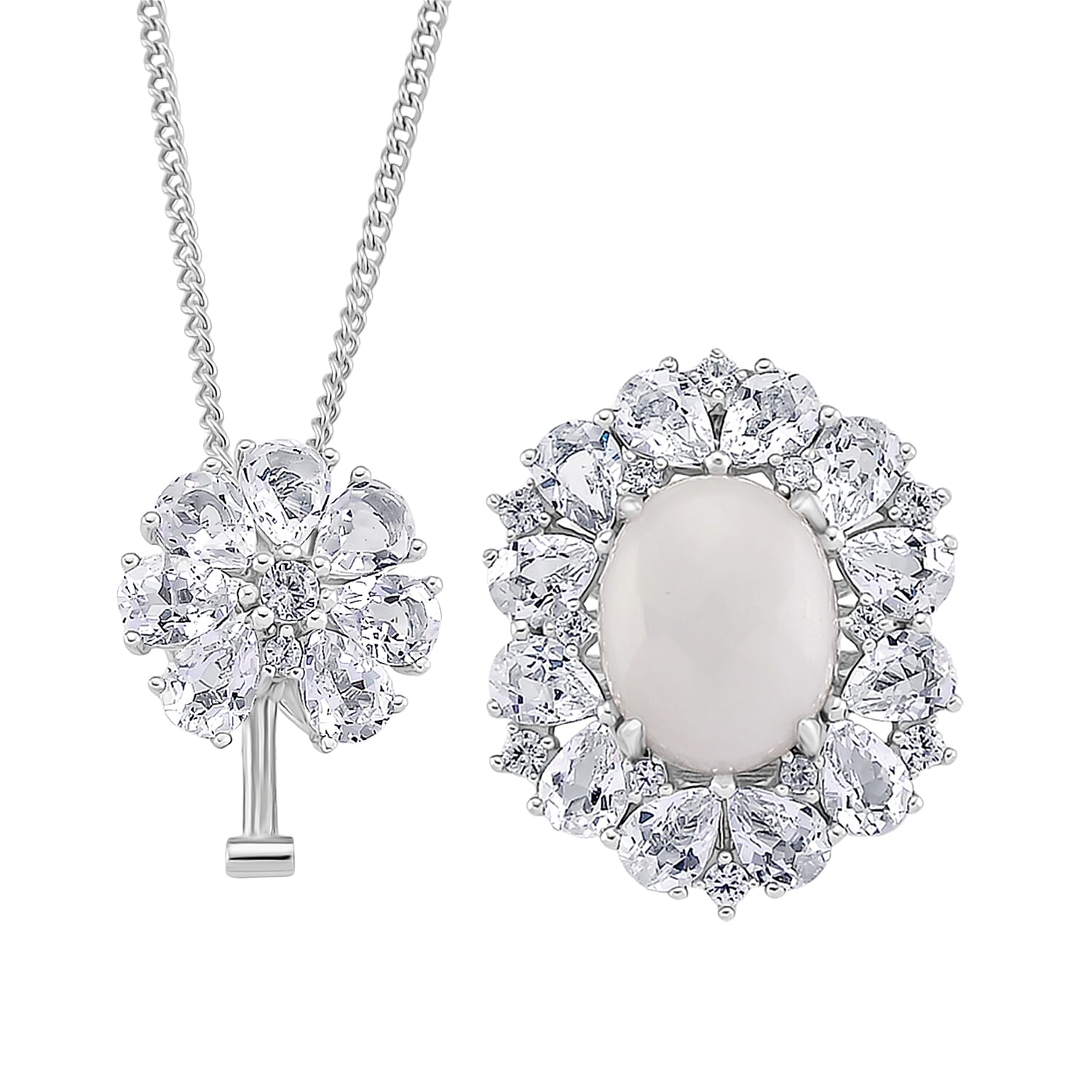 D'Joy White Jade & White Topaz Pendent with Chain (Size 18) & Ring in Rhodium Overlay Sterling Silver 6.81 Ct, Silver Wt. 8.56 Gms.