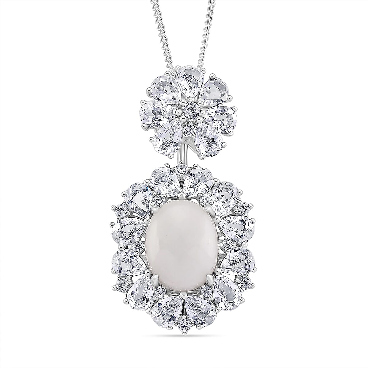 D'Joy White Jade & White Topaz Pendent with Chain (Size 18) & Ring in Rhodium Overlay Sterling Silver 6.81 Ct, Silver Wt. 8.56 Gms.