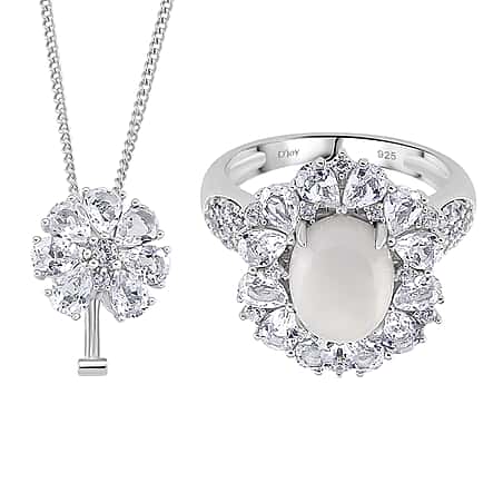 D'Joy White Jade & White Topaz Pendent with Chain (Size 18) & Ring in Rhodium Overlay Sterling Silver 6.81 Ct, Silver Wt. 8.55 Gms.