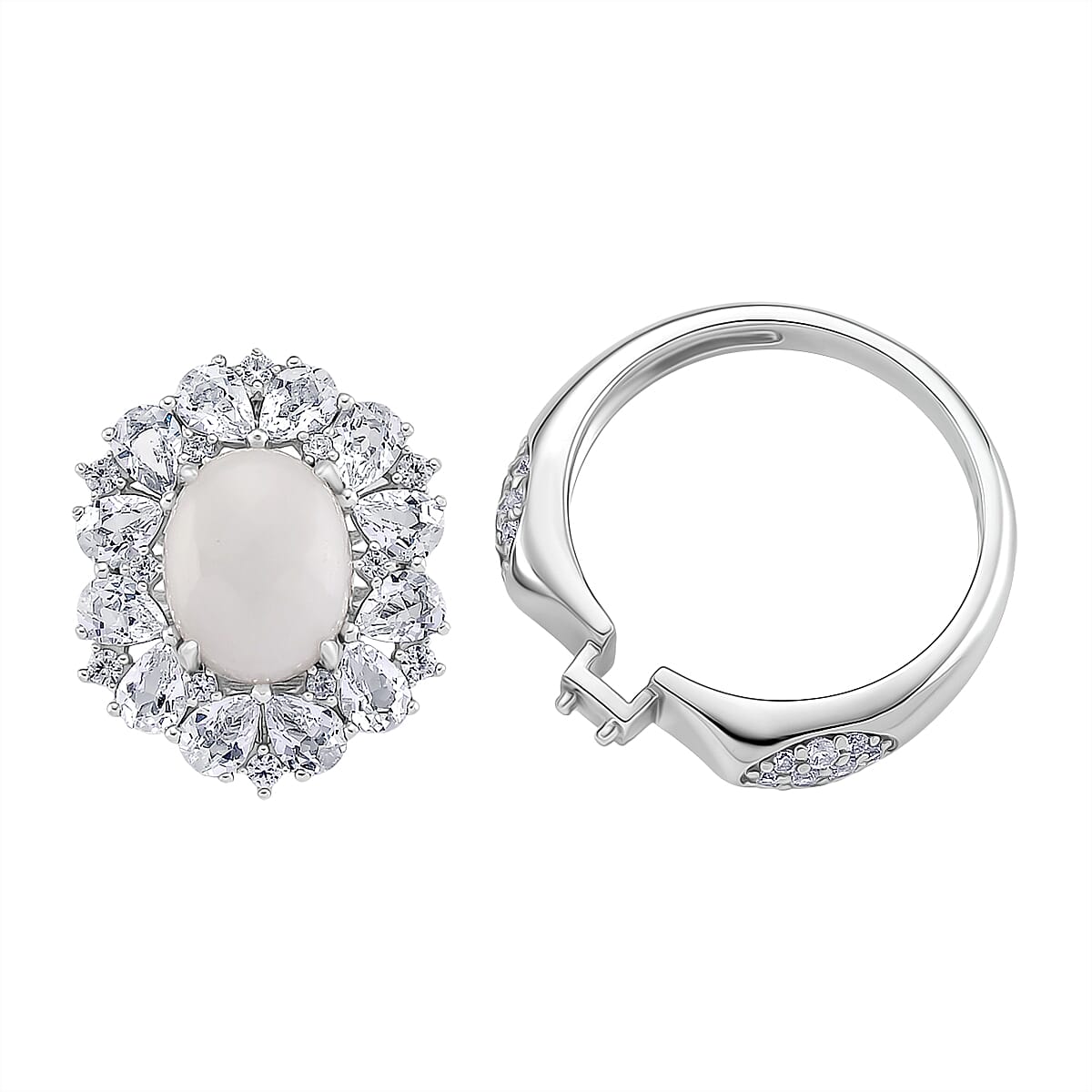 D'Joy White Jade & White Topaz Pendent with Chain (Size 18) & Ring in Rhodium Overlay Sterling Silver 6.81 Ct, Silver Wt. 8.55 Gms.