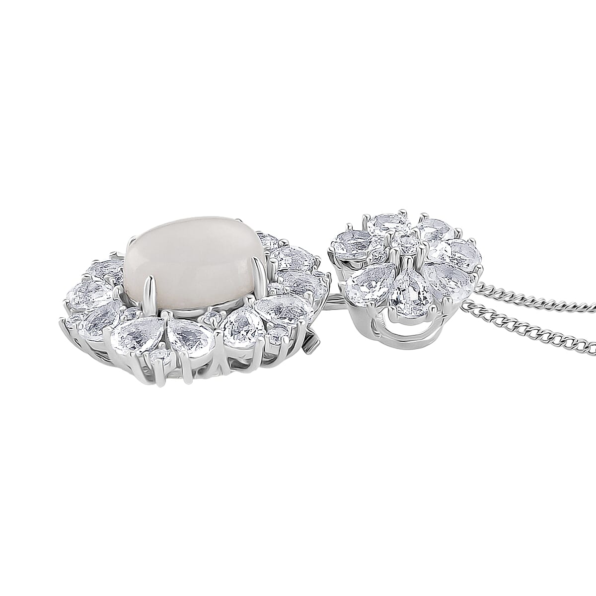 D'Joy White Jade & White Topaz Pendent with Chain (Size 18) & Ring in Rhodium Overlay Sterling Silver 6.81 Ct, Silver Wt. 8.55 Gms.