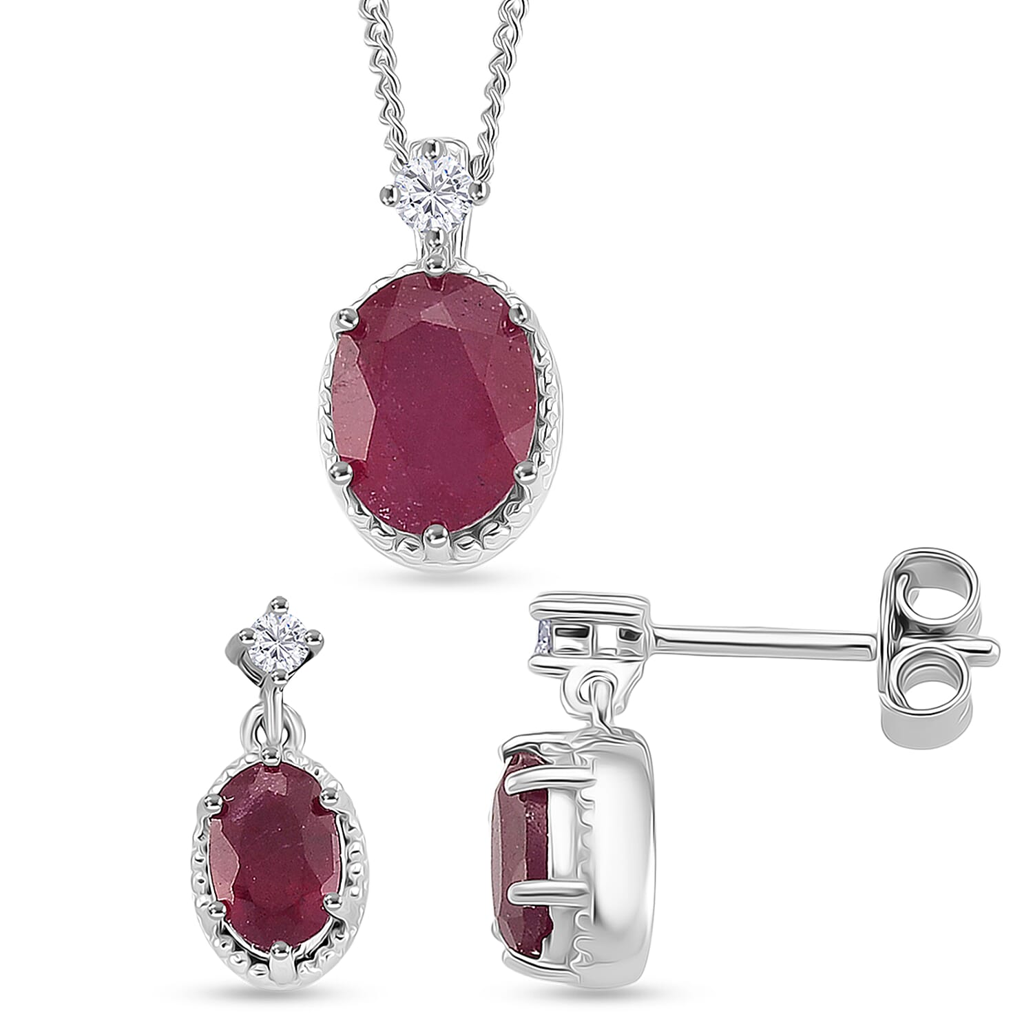 2 Piece Set -  Fissure Filled Ruby,  Moissanite Earring,Pendant with Chain (Size 18) in Rhodium Overlay Sterling Silver 0.15 ct  1.650  Ct.