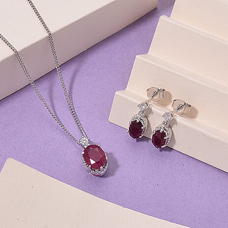2 Piece Set -  Fissure Filled Ruby,  Moissanite Earring,Pendant with Chain (Size 18) in Rhodium Overlay Sterling Silver 0.15 ct  1.650  Ct.