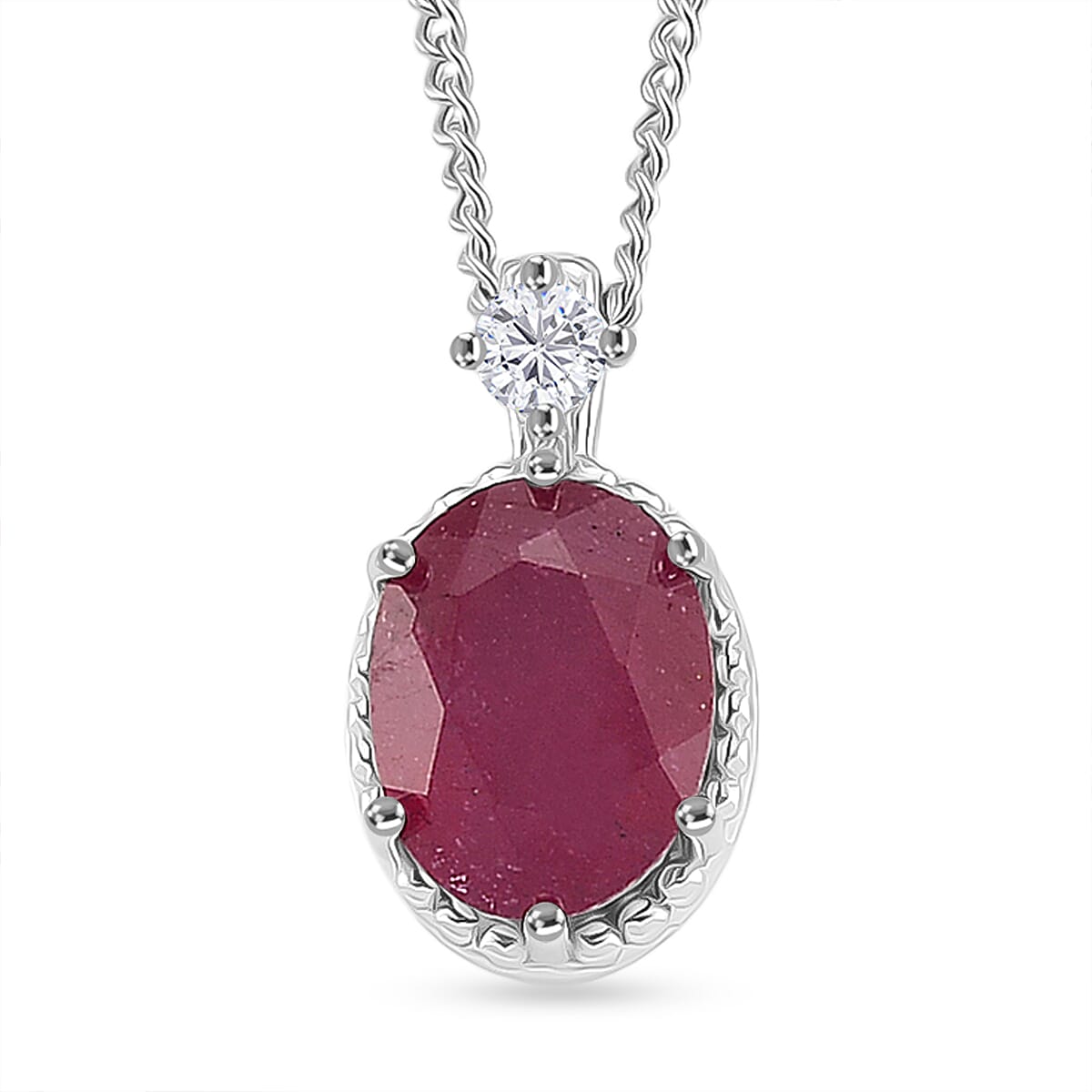 2 Piece Set -  Fissure Filled Ruby,  Moissanite Earring,Pendant with Chain (Size 18) in Rhodium Overlay Sterling Silver 0.15 ct  1.650  Ct.