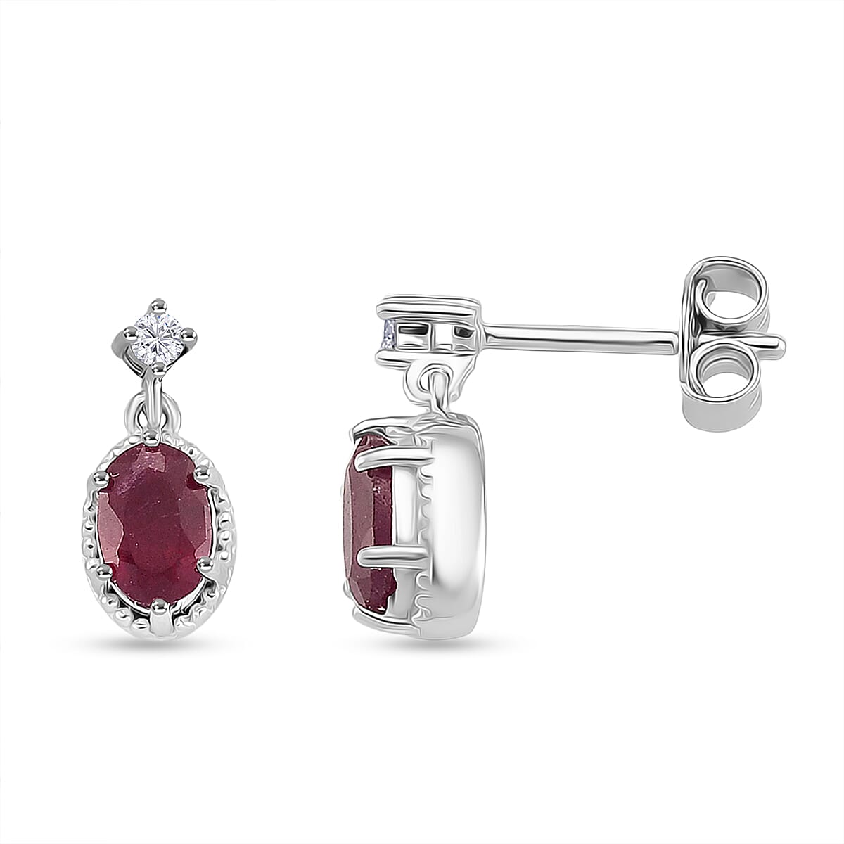 2 Piece Set -  Fissure Filled Ruby,  Moissanite Earring,Pendant with Chain (Size 18) in Rhodium Overlay Sterling Silver 0.15 ct  1.650  Ct.