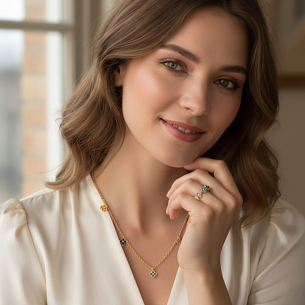 2 Piece Set -  Multi Color Cubic Zirconia Fancy Necklace and Fancy Ring  Sterling Silver  Wt. 5.4 Gms  1.680  Ct.